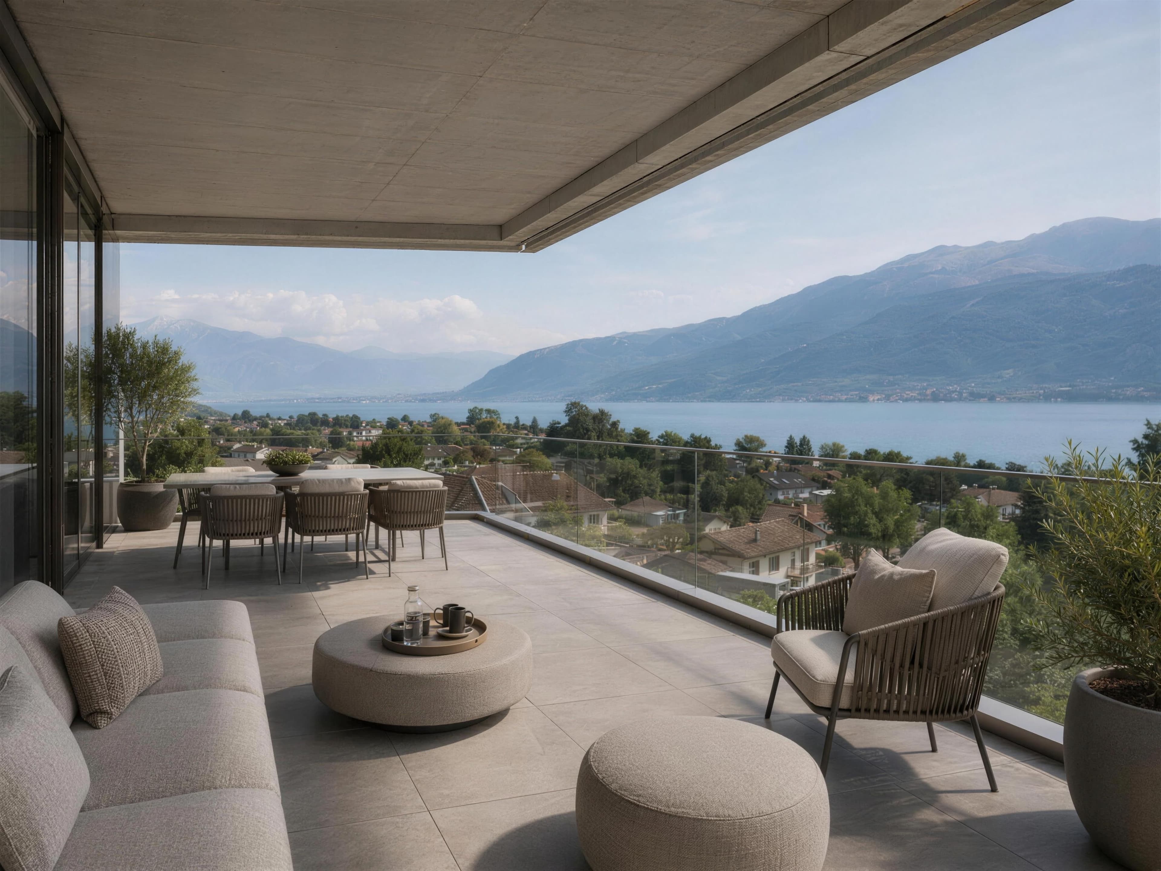 Terrasse d'attique d'une promotion neuve, vue sur le lac et les montagnes